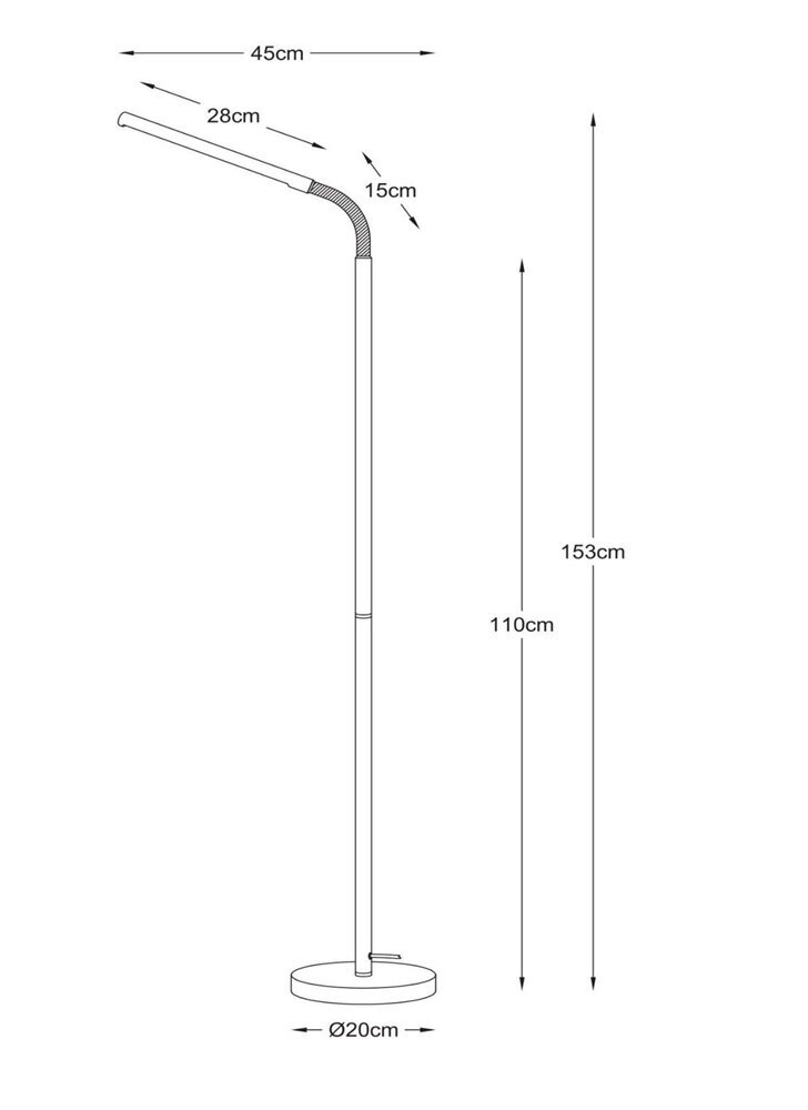 Schemat lampy podłogowej z wymiarami: wysokość 153 cm, długość ramienia 45 cm, średnica podstawy 20 cm. Widoczne są dodatkowe wymiary: 28 cm, 15 cm, 110 cm.
