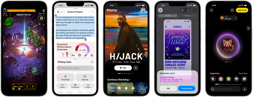 Pięć smartfonów z różnymi aplikacjami na ekranach, w tym gra, raport, film, wydarzenie i emoji. Na jednym z ekranów widoczny jest tekst \'H/JACK\'.