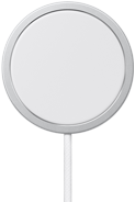 Obraz przedstawia okrągłe, białe urządzenie z kablem, przypominające ładowarkę bezprzewodową. Urządzenie ma srebrną obwódkę.