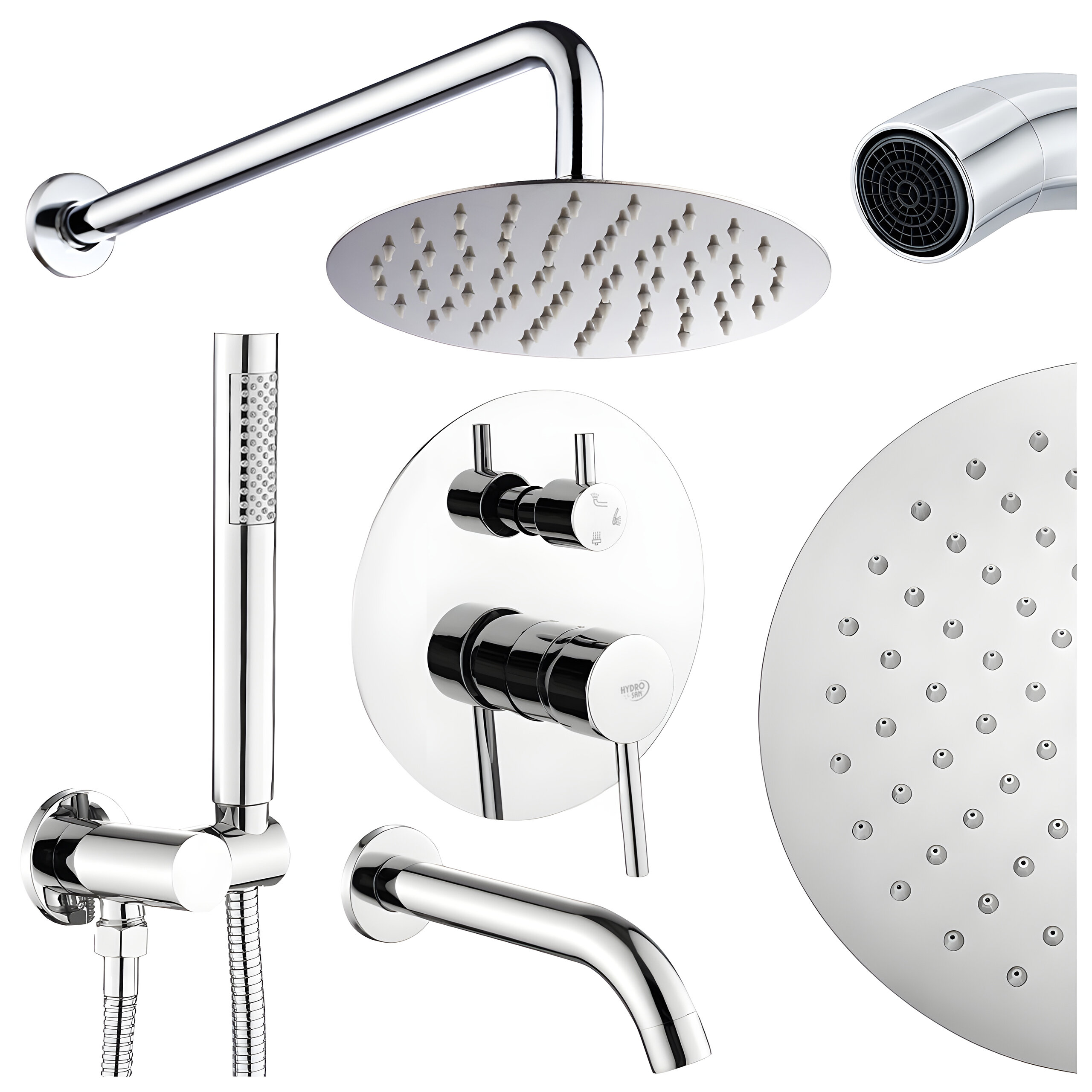 Na obrazie widoczna jest chromowana bateria prysznicowa z okrągłą deszczownicą, słuchawką prysznicową oraz wylewką. Elementy mają nowoczesny design i metaliczne wykończenie.