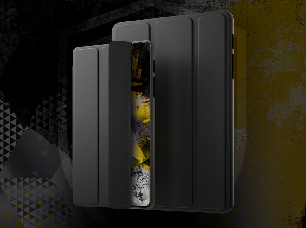 Czarne etui na tablet z widocznym urządzeniem w środku, na ekranie którego znajduje się abstrakcyjna grafika w odcieniach żółci i szarości. Tło obrazu jest ciemne z geometrycznymi wzorami.