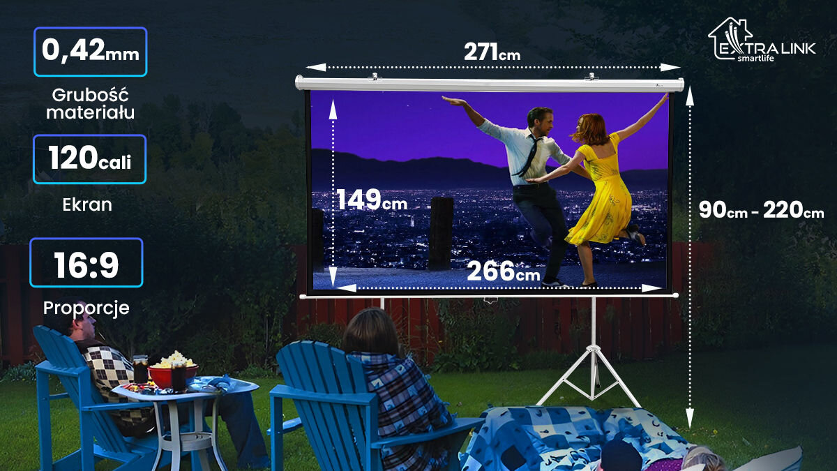 Ekran projekcyjny z widocznymi wymiarami: 271 cm szerokości, 149 cm wysokości i 266 cm długości. Na ekranie wyświetlany jest obraz pary tańczącej na tle miasta, a obok znajdują się informacje: \'0,42 mm Grubość materiału\', \'120 cali Ekran\', \'16:9 Proporcje\'.
