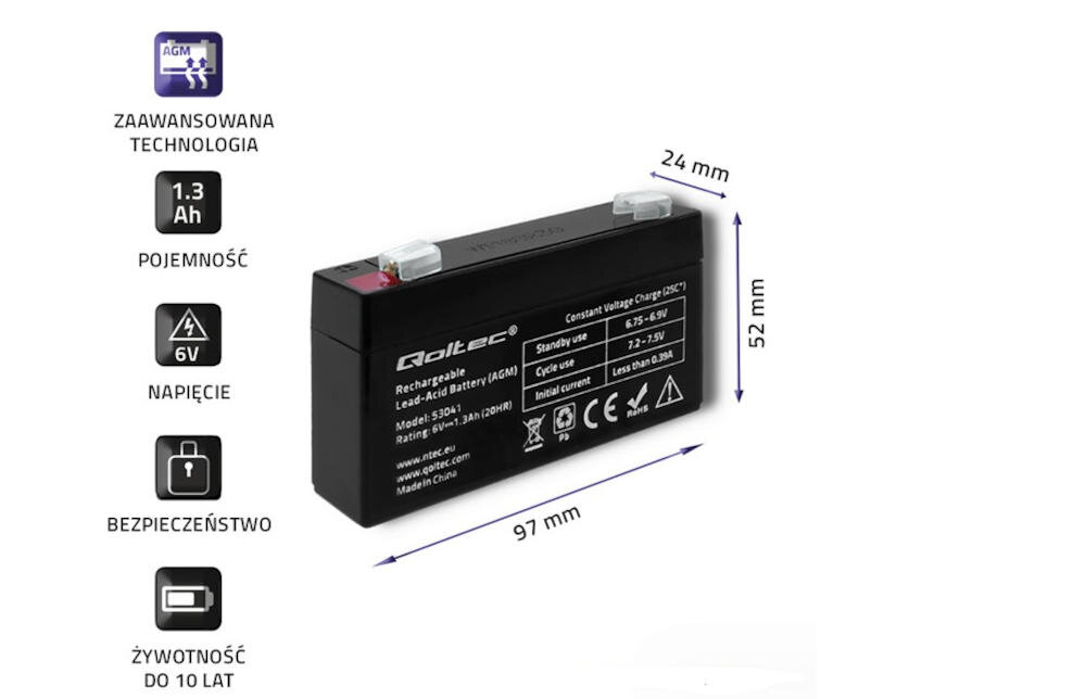 Na obrazie widoczny jest akumulator Qoltec o wymiarach 97 mm x 24 mm x 52 mm, z oznaczeniami technicznymi i logo producenta. Obok akumulatora znajdują się ikony informujące o zaawansowanej technologii, pojemności 1.3 Ah, napięciu 6V, bezpieczeństwie oraz żywotności do 10 lat.