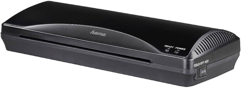 Czarny laminator z logo \'hama\' na górze, posiada przyciski oznaczone jako \'READY\', \'POWER\' oraz przełącznik \'COLD OFF HOT\'.