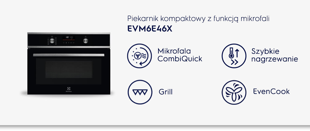 Obraz przedstawia piekarnik kompaktowy z funkcją mikrofali EVM6E46X. Widoczne są ikony z opisami: Mikrofala CombiQuick, Szybkie nagrzewanie, Grill, EvenCook.