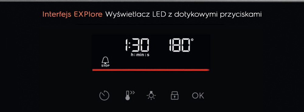 Interfejs EXPlore Wyświetlacz LED z dotykowymi przyciskami. Na ekranie widoczne są wartości 1:30 h:min:s i 180° oraz ikony funkcji.
