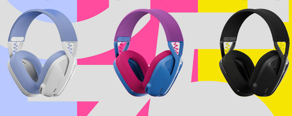 Trzy pary słuchawek nausznych w różnych kolorach: niebiesko-białe, różowo-niebieskie i czarne, na tle kolorowych kształtów.