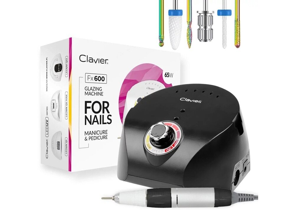 Na obrazie widoczna jest czarna frezarka do paznokci z logo \'Clavier\' oraz zestaw kolorowych końcówek. Obok znajduje się pudełko z napisem \'Clavier Fx 600 Glazing Machine For Nails Manicure & Pedicure 65W\'.