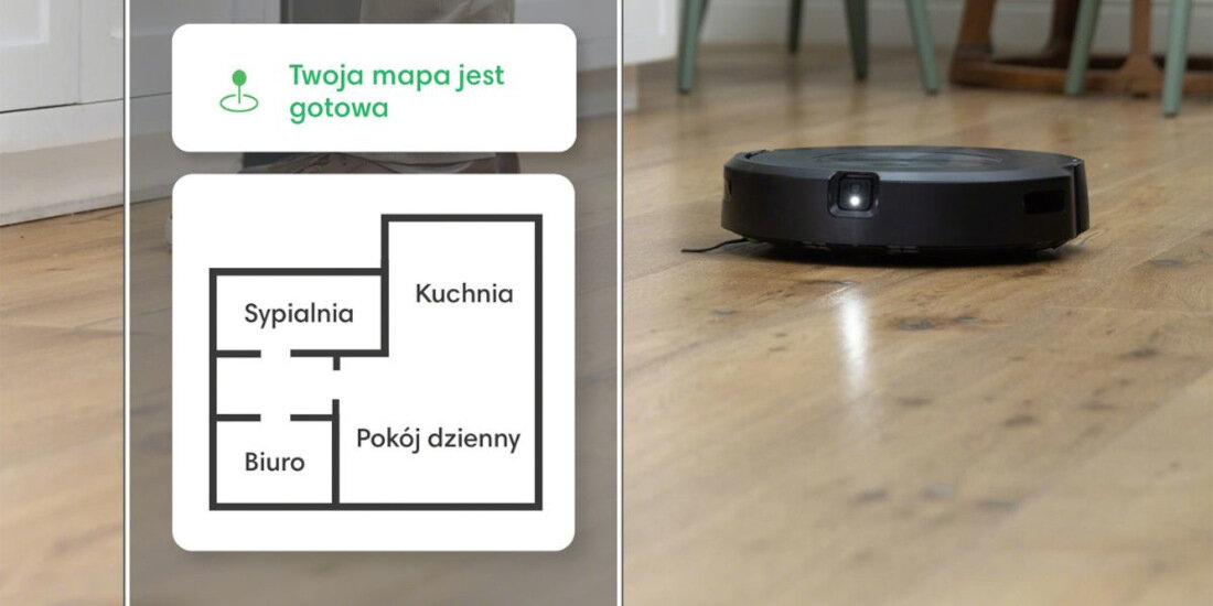 Obraz przedstawia robota sprzątającego na drewnianej podłodze oraz schematyczną mapę pomieszczeń z podpisami: \'Sypialnia\', \'Kuchnia\', \'Biuro\', \'Pokój dzienny\'. Na mapie widnieje tekst \'Twoja mapa jest gotowa\'.