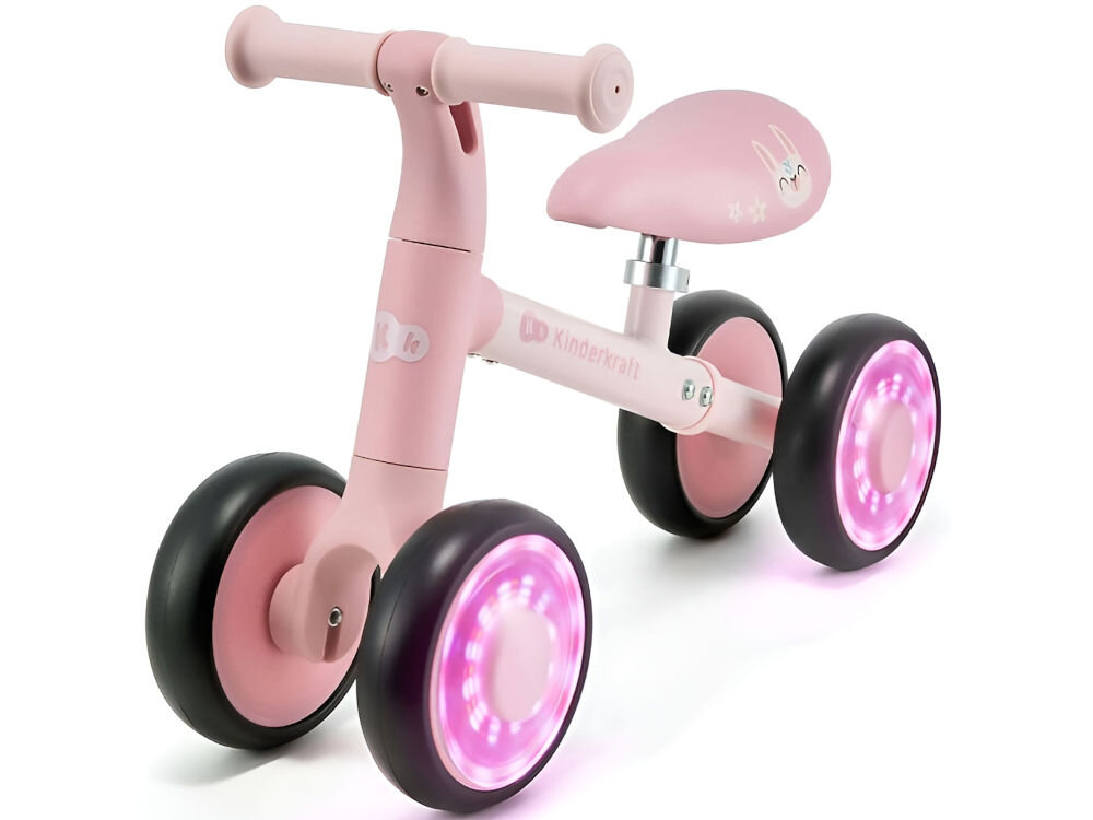 ROWEREK BIEGOWY KINDERKRAFT CUTIE FLASH PINK różowy rowerek cztery koła siedzisko obrazek na siedzisku gumowe rączki białe tło wysoka jakość materiałów solidna stalowa rama stabilność bezobsługowe koła z pianki EVA płynna i komfortowa jazda uchwyty wykonane z miękkiego, antypoślizgowego TPR radość rozwój dziecka środek transportu inspiracja do aktywnej zabawy 