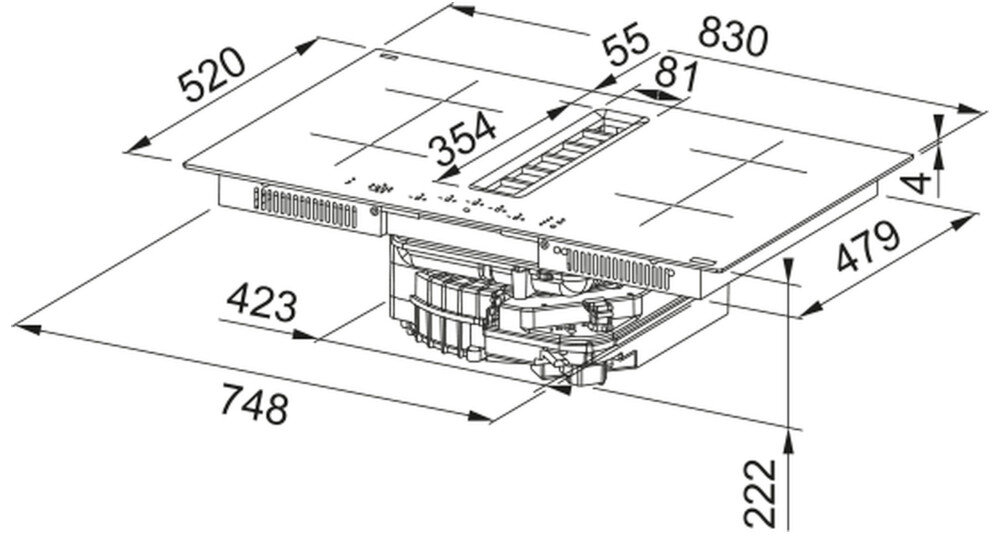 Schemat techniczny płyty indukcyjnej z wbudowanym okapem, z wymiarami: 830 mm szerokości, 520 mm głębokości, 81 mm wysokości płyty, oraz 222 mm wysokości całkowitej z okapem. Widoczne są oznaczenia wymiarów i elementy konstrukcyjne urządzenia.