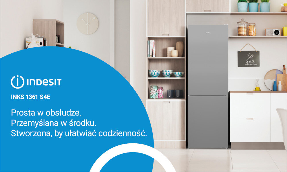 LODÓWKA INDESIT INKS1361S4E wizualizacja lifestyle baner kuchnia lodówka zamknięta kolor biały jasne wnętrze meble półki dekoracje