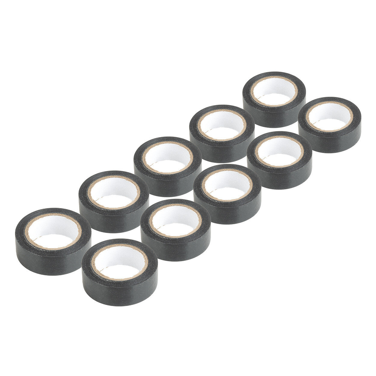 Dziesięć czarnych rolek taśmy izolacyjnej ułożonych w dwóch rzędach. Każda rolka ma biały środek i jest wykonana z PVC.