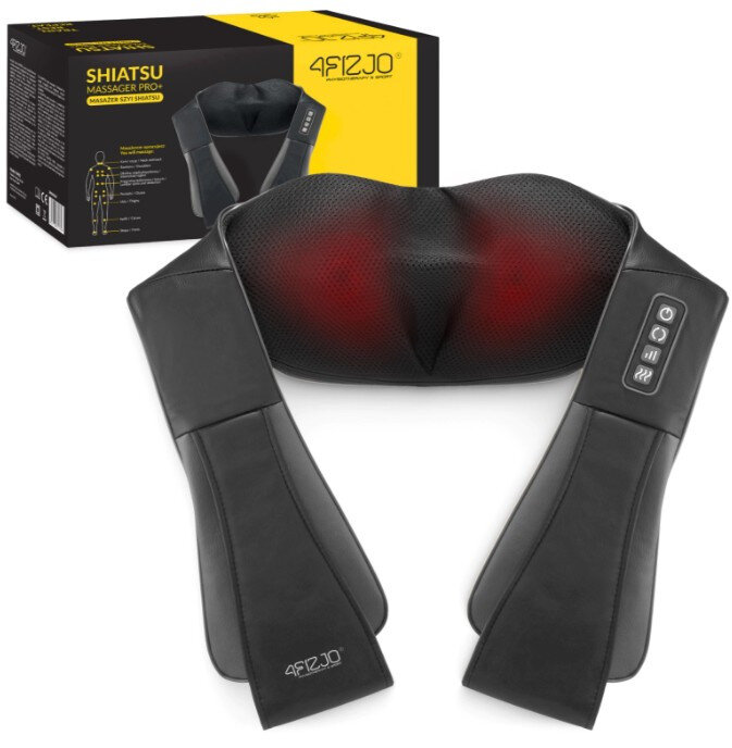 Na obrazie widoczny jest szary masażer SHIATSU z czerwonymi podświetleniami oraz przyciskami sterującymi. W tle znajduje się opakowanie z napisem \'SHIATSU MASSAGER PRO+\' i logo \'4FIZJO\'.