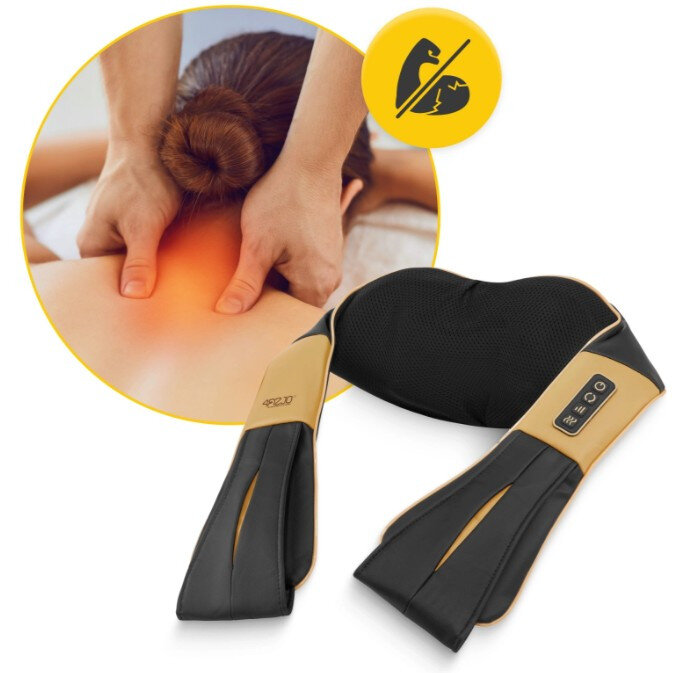 Obraz przedstawia masażer SHIATSU 4Fizjo Złoty ULTRA+ w kolorze czarno-złotym z panelem sterowania. W tle widoczne są dłonie wykonujące masaż na plecach oraz żółta ikona z przekreślonym symbolem mięśnia.