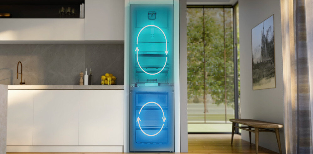 LODÓWKA WHIRLPOOL WHK26403XP6E wizualizacja kuchnia zabudowa meble szafki białe dwie części lodówka zamrażarka porównanie dwa kolory zapomnij o rozmrażaniu lodówki Podwójny system chłodzenia ochrona żywności dwa oddzielne obiegi Dual NoFrost