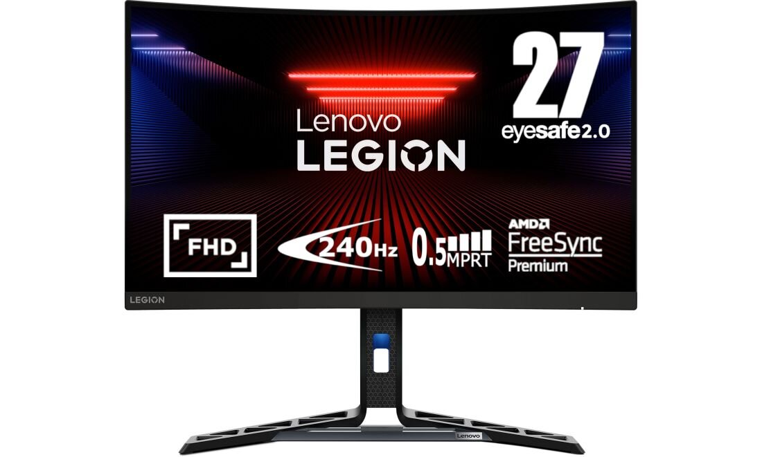 Monitor z zakrzywionym ekranem, na którym widoczne są napisy: \'Lenovo LEGION\', \'27\', \'eyesafe 2.0\', \'FHD\', \'240 Hz\', \'0.5 MPRT\', \'AMD FreeSync Premium\'.