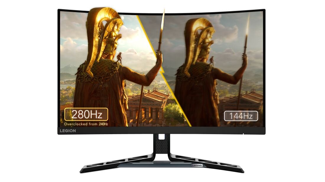 Monitor z zakrzywionym ekranem wyświetla obraz z gry, podzielony na dwie części z oznaczeniami \'280Hz\' i \'144Hz\'. Na dole ekranu widoczne jest logo \'LEGION\'.