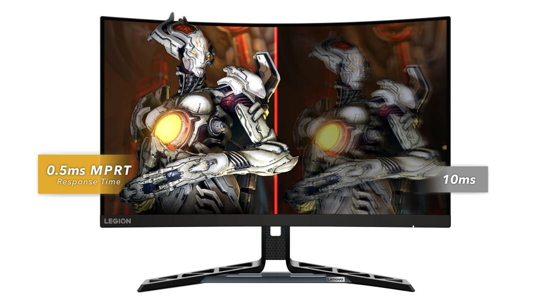 Monitor z zakrzywionym ekranem wyświetla obraz robota z efektem porównania czasu reakcji 0.5 ms MPRT i 10 ms. Na dole ekranu widoczne jest logo \'LEGION\'.