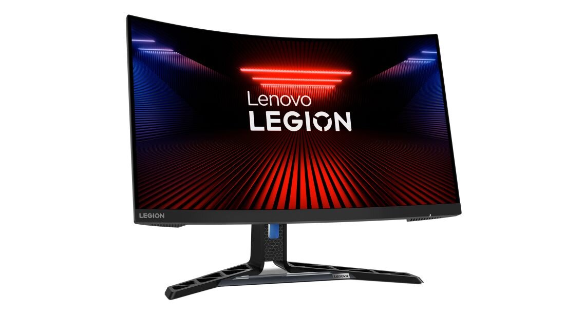 Monitor z zakrzywionym ekranem wyświetla grafikę z napisem \'Lenovo LEGION\' na tle czerwono-niebieskich świateł. Podstawa monitora ma nowoczesny design z logo \'LEGION\'.