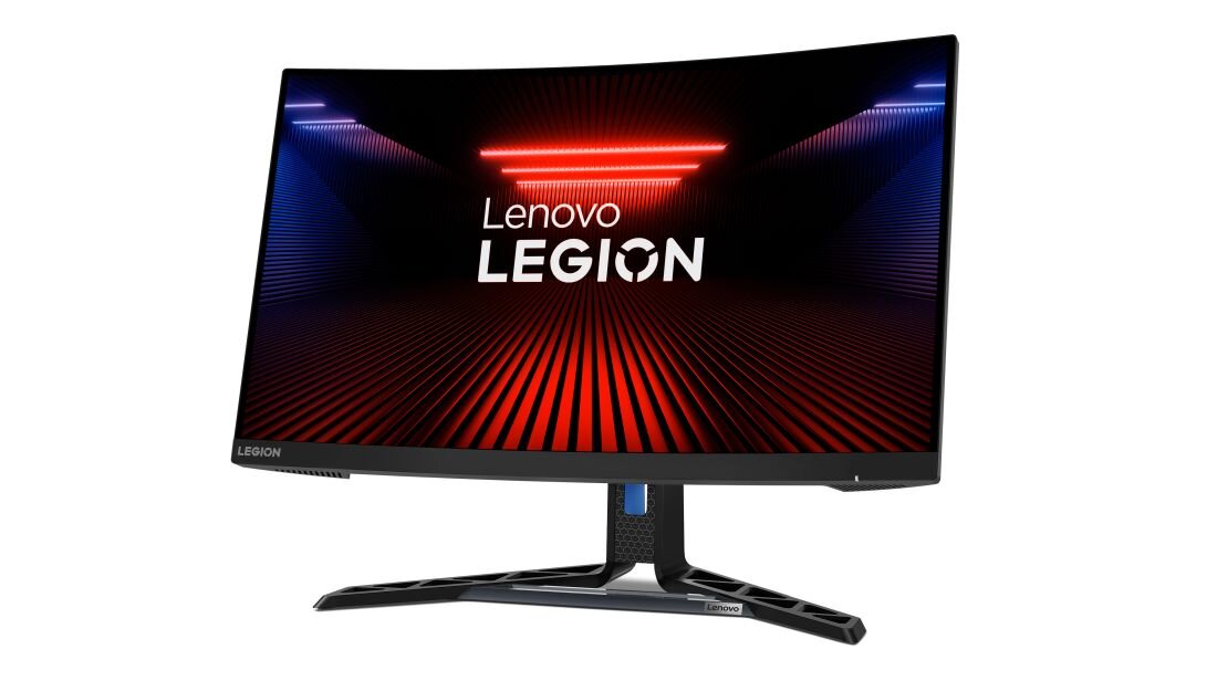 Monitor z zakrzywionym ekranem wyświetla grafikę z napisem \'Lenovo LEGION\' na tle czerwono-niebieskich świateł. Podstawa monitora ma nowoczesny design z logo Lenovo na dolnej krawędzi.