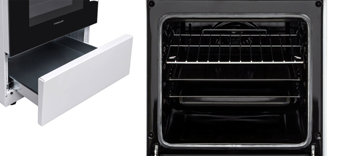 Kuchnia FINLUX FC-583CmnwnW pojemna szuflada na rolkach ceramiczna plyta grzewcza emalia latwoczyszczaca