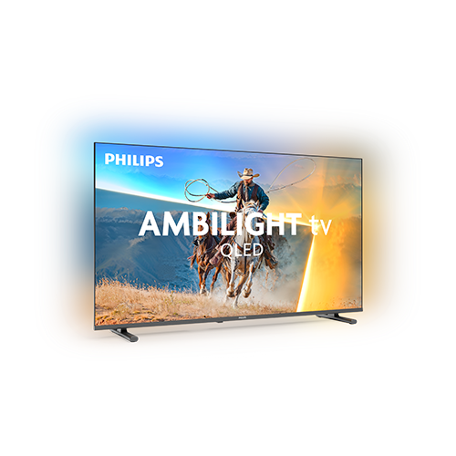 Telewizor z napisem \'PHILIPS AMBILIGHT tv QLED\' wyświetla obraz jeźdźca na koniu, otoczony kolorowym efektem świetlnym Ambilight.