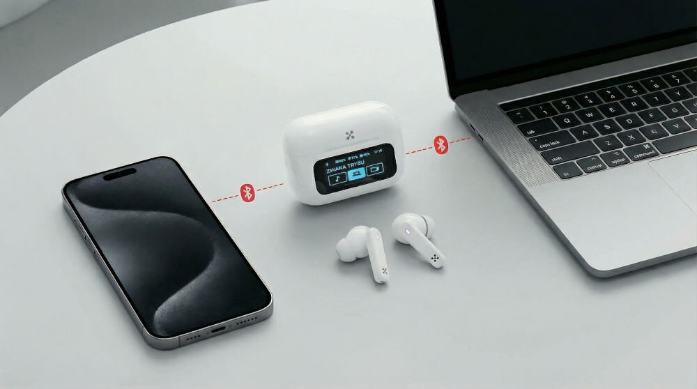Na stole znajdują się słuchawki dokanałowe w kolorze białym, obok etui z wyświetlaczem pokazującym ikonę Bluetooth i poziom naładowania. Obok leży smartfon i laptop, a między nimi widoczne są ikony Bluetooth.