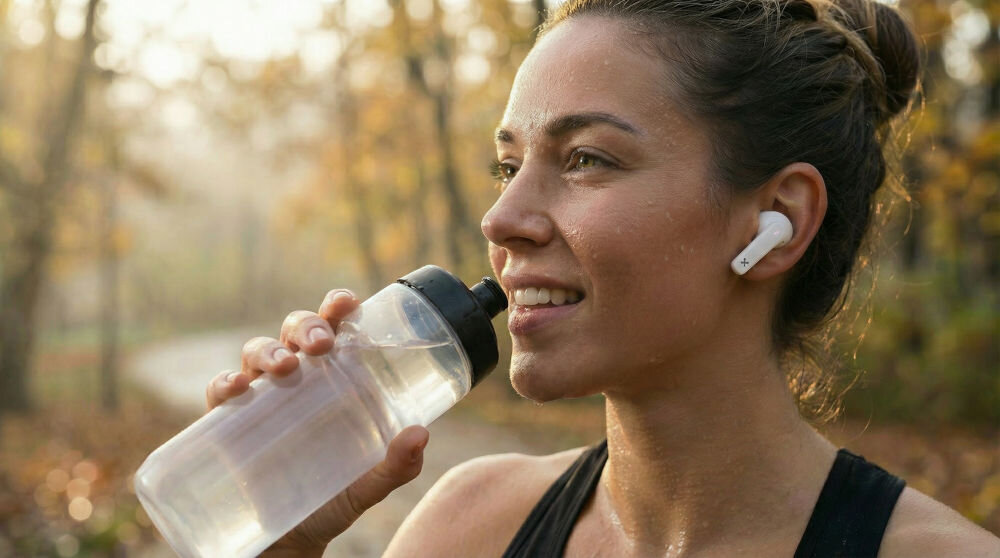 Osoba trzyma butelkę z wodą i ma na sobie białe słuchawki dokanałowe. W tle widać rozmyty krajobraz z drzewami w jesiennych kolorach.