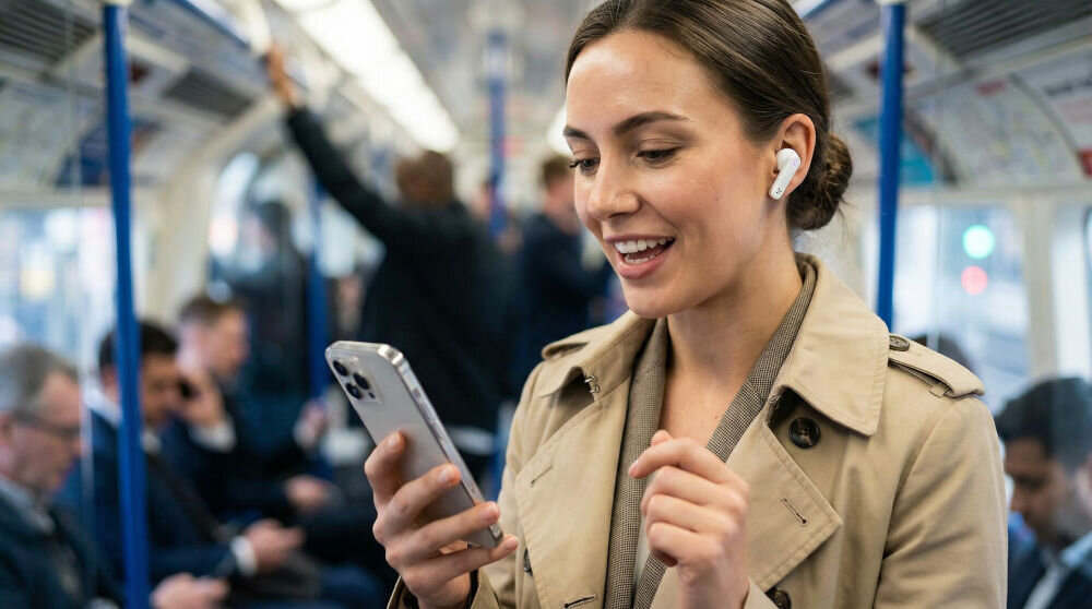 Osoba w jasnym płaszczu trzyma smartfon i ma w uchu białe słuchawki dokanałowe. W tle widać innych pasażerów w pociągu.