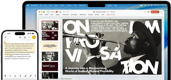 Obraz przedstawia laptop z otwartą prezentacją na ekranie oraz smartfon z notatką. Na ekranie laptopa widoczny jest czarno-biały obraz muzyka grającego na trąbce z tekstem: \'A Journey into a Mesmerizing World of Endless Musical Possibility\'.