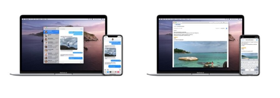 Dwa laptopy z otwartymi aplikacjami oraz dwa smartfony z wyświetlonymi wiadomościami. Na ekranach laptopów widoczne są zdjęcia krajobrazów i interfejsy aplikacji.