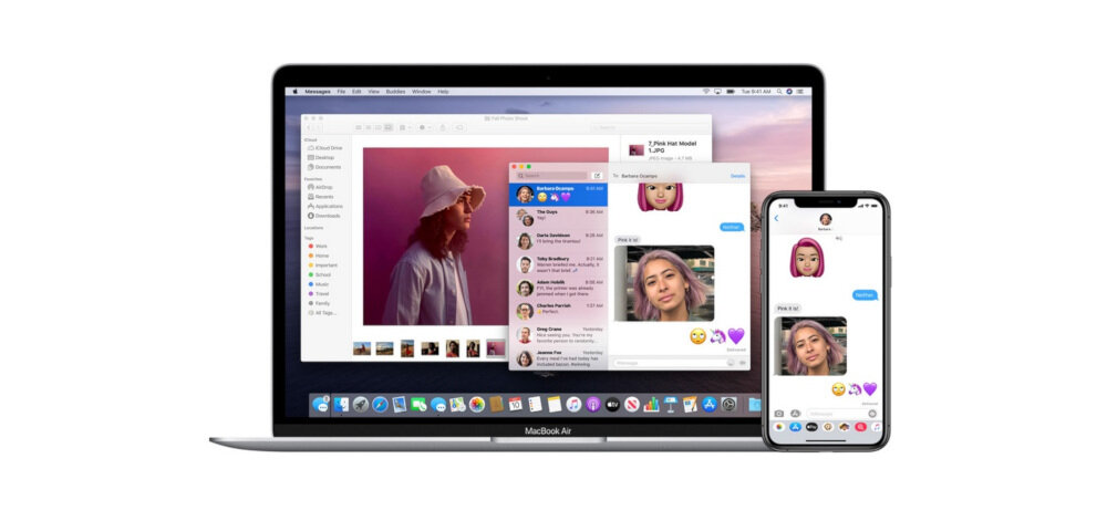 Na obrazie widoczny jest laptop z otwartym ekranem, na którym wyświetlane są różne aplikacje, oraz smartfon z aplikacją do wiadomości. Na ekranach widać zdjęcia i konwersacje tekstowe.