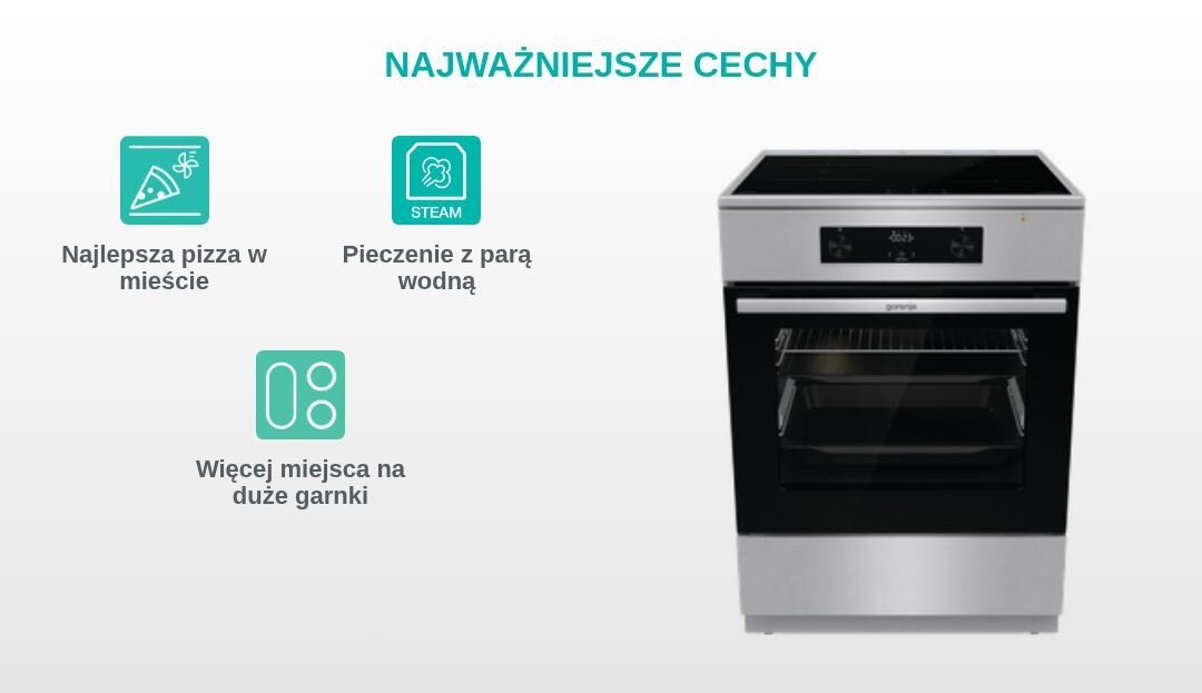 KUCHNIA GORENJE MEKIS6101I Grafika produktowa z kuchnią wolnostojącą Gorenje po prawej stronie oraz trzema turkusowymi piktogramami po lewej, opisanymi jako „Najlepsza pizza w mieście”, „Stabilne i trwałe ruszty” i „Łatwe wysuwanie blach” pod nagłówkiem „NAJWAŻNIEJSZE CECHY”