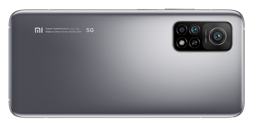 Smartfon w kolorze srebrnym z trzema obiektywami aparatu i napisem \'Xiaomi Communications Co., Ltd. Made in China Model: M2007J3SG\'.