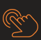 Ikona przedstawia pomarańczowy symbol dłoni z dwoma palcami dotykającymi powierzchnię, na czarnym tle.