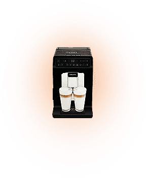 Czarny ekspres do kawy z wyświetlaczem i dwoma filiżankami kawy na tacy. Tło jest pomarańczowe z efektem rozmycia.