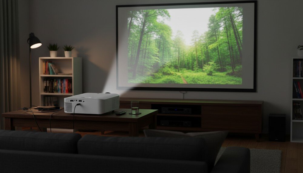 Projektor DENVER PR-4300 HD, obraz HD, jasność 400 ANSI lumenów, kontrast 8000:1, projektor w pomieszczeniu