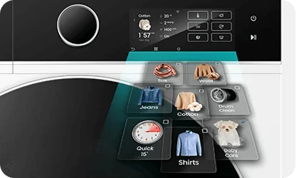 Panel sterowania pralki z wyświetlaczem pokazującym program \'Cotton\' z czasem 1:57 oraz przyciskami dotykowymi. Widoczne są ikony programów prania, takich jak \'Silk\', \'Wool\', \'Jeans\', \'Cotton\', \'Quick 15’\', \'Shirts\', \'Drum Clean\' i \'Baby Care\'.
