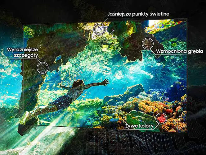 Scena dziecka pod wodą ulepszona, z jaśniejszymi refleksami, wyraźniejszymi detalami, zwiększoną głębią i żywymi kolorami.