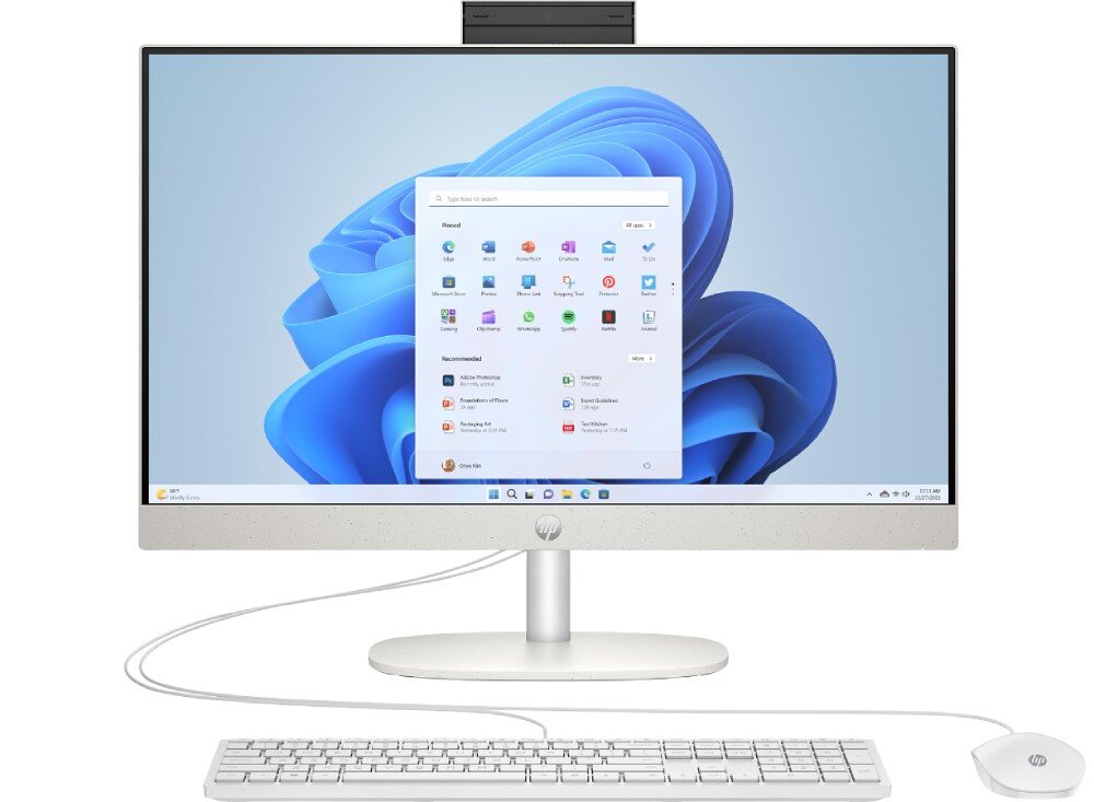 Komputer All in One HP 24-CR0144nw Monitor komputera All in One z ekranem o przekątnej 23,8 cala, wyświetlający napis \'23,8\ Wyświetlacz Full HD\. Na dolnej ramce widoczne jest logo producenta.