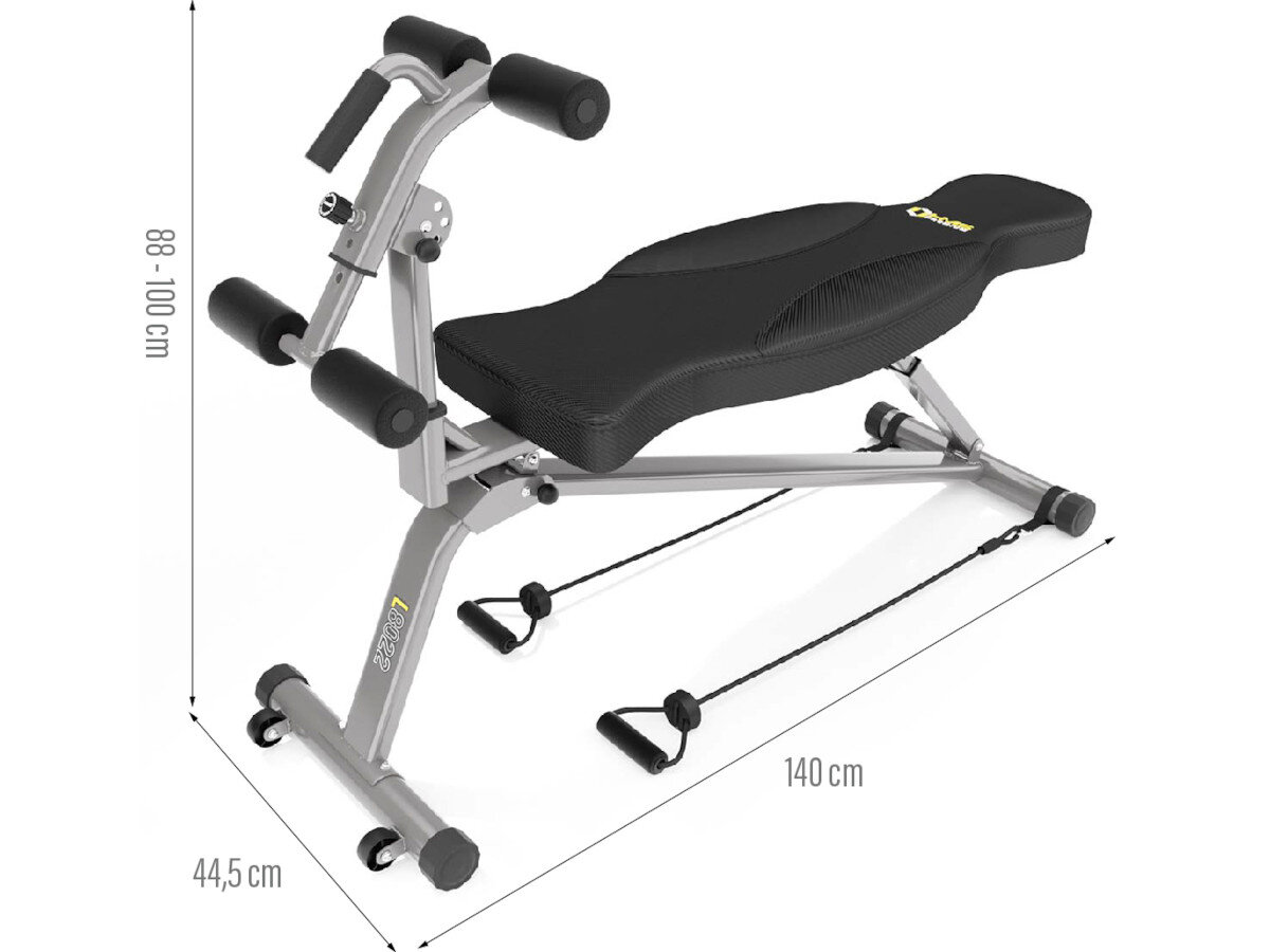 Ławka do ćwiczeń z czarnym siedziskiem i szarym stelażem, wyposażona w uchwyty i linki do ćwiczeń. Wymiary: 88-100 cm wysokości, 140 cm długości, 44,5 cm szerokości.