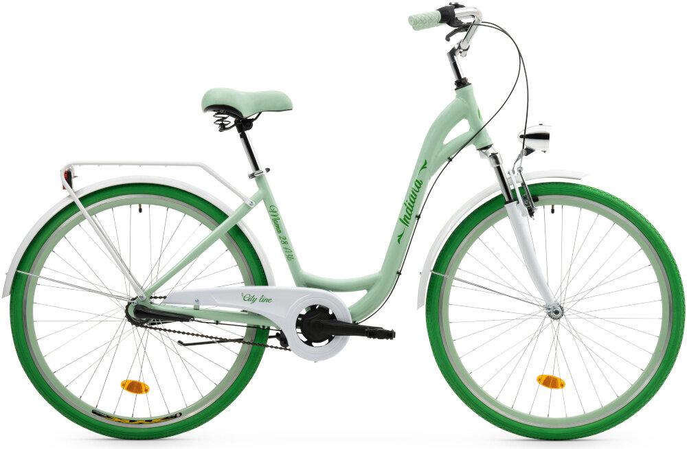 Rower miejski INDIANA Moena A3B 28 cali damski Pistacjowy rower na Pistacjowym tle widoczny z boku uniwersalny rower miejski do codziennych dojazdów praktyczny ekologiczny środek transportu