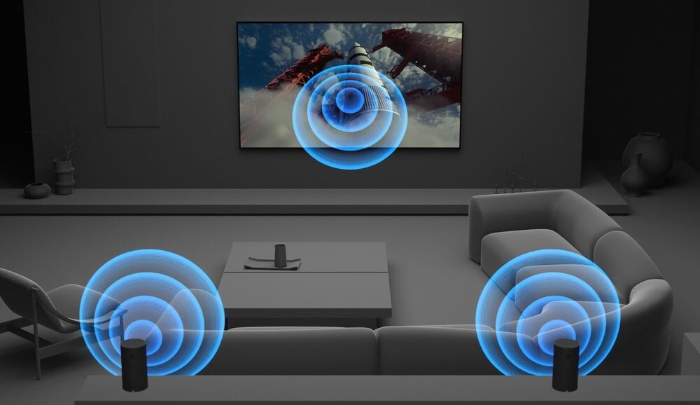 SONY SA-RS9 głośnik skierowany w górę efekt wysokości dźwięk przestrzenny, głośniki rozstawione w pomieszczeniu