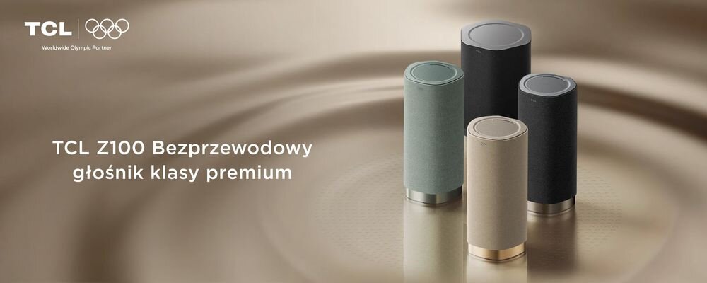 Na obrazie widoczne są cztery cylindryczne głośniki w różnych kolorach na tle o metalicznym połysku. Tekst na obrazie: \'TCL Z100 Bezprzewodowy głośnik klasy premium\'.