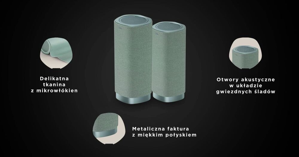 Na obrazie znajdują się dwie kolumny w kolorze zielonym. Widoczne są napisy: \'Delikatna tkanina z mikrowłókien\', \'Metaliczna faktura z miękkim połyskiem\', \'Otwory akustyczne w układzie gwiezdnych śladów\'.