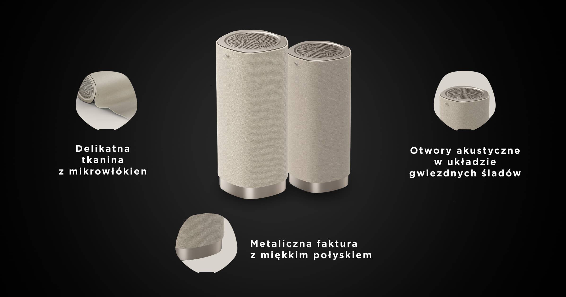Na obrazie znajdują się dwie kolumny w kolorze złotym. Widoczne są napisy: \'Delikatna tkanina z mikrowłókien\', \'Metaliczna faktura z miękkim połyskiem\', \'Otwory akustyczne w układzie gwiezdnych śladów\'.