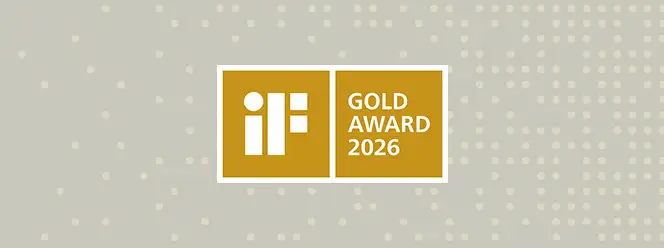 2026-hw-ls50h-if-award-gold 664x248 Obraz przedstawia złoty prostokąt z napisem \'iF GOLD AWARD 2026\' na tle w kolorze szarym z białymi kropkami.