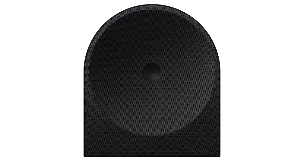 hw-ls50h 001 front black 1008x534 Czarny głośnik o nowoczesnym designie z okrągłym przodem i subtelną teksturą na powierzchni.