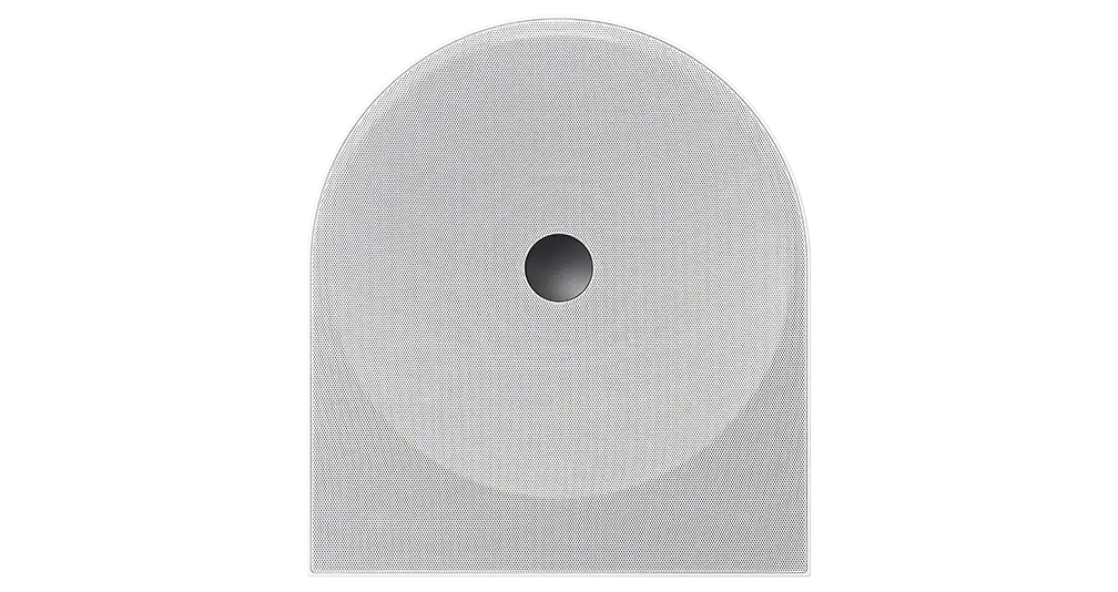 hw-ls51h 001 front white 1008x534 Biały głośnik o półokrągłym kształcie z centralnym otworem na przedniej siatce.
